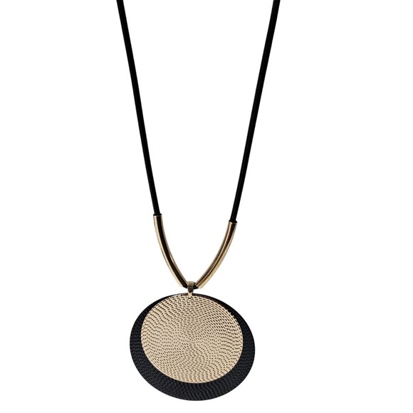 Bold Black Gold Textured Double Disc Pendant Necklace Statement Fashion Jewelry - Picture 1 of 6